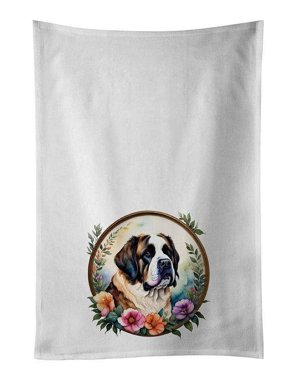Saint Bernard And Flowers Kitchen Towel Set Of 2 White Dish Towels Decorative Bathroom Hand Towel For Hand, Face, Hair, Yoga, Tea, Dishcloth, 19 X 28", White_maomaolike.com