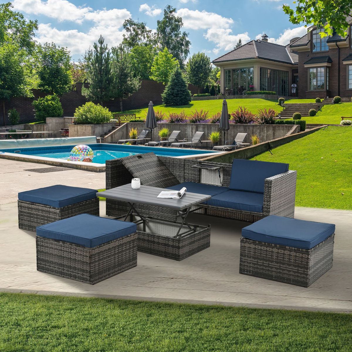 Patio Furniture, Outdoor Furniture, Seasonal PE Wicker Furniture,5 Set Wicker Furniture With Plywood Coffee Table,with Lift TOP Coffee Table,with Lounger Sofa_maomaolike.com