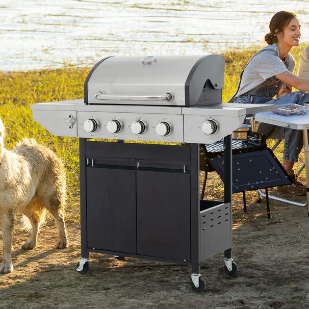 Propane Grill 4 Burner Barbecue Grill Stainless Steel Gas Grill With Side Burner And Thermometer For Outdoor BBQ, Camping_maomaolike.com
