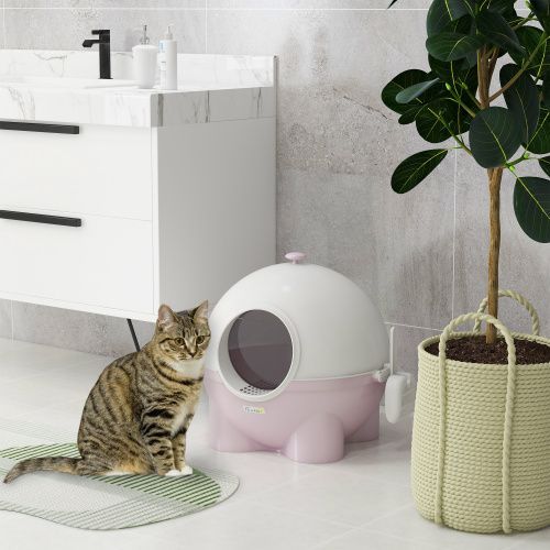 PawHut Hooded Cat Litter Box, Large Kitty Litter Pan With Lid, Scoop, Leaking Sand Pedal, Top Handle, Light Pink_maomaolike.com