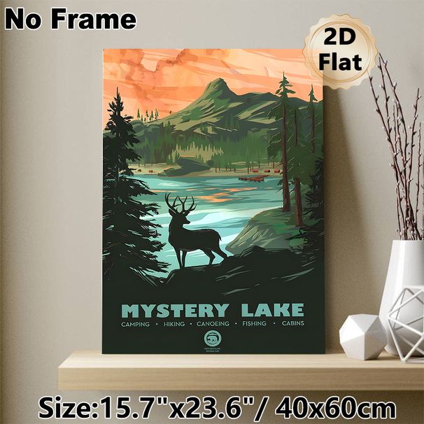 Mystery Lake Outdoor Landscape Painting Poster, Vibrant Retro-style Scenic Lake & Mountain With Deer Silhouette Poster, Rustic Natural Touch Ideal For_maomaolike.com
