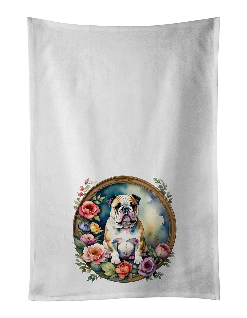 English Bulldog And Flowers Kitchen Towel Set Of 2 White Dish Towels Decorative Bathroom Hand Towel For Hand, Face, Hair, Yoga, Tea, Dishcloth, 19 X 28", White_maomaolike.com