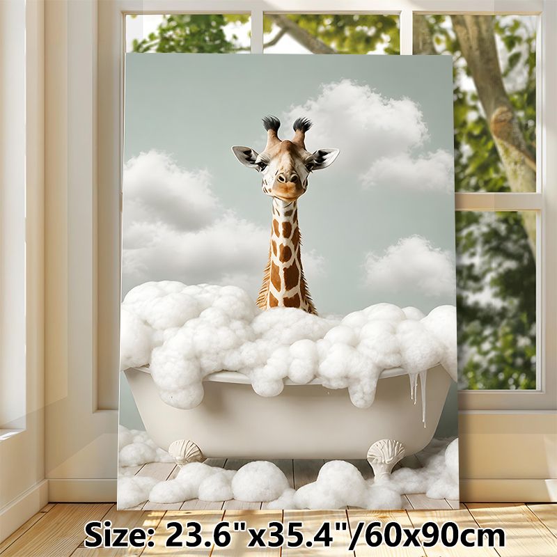 Giraffe In Bathtub Painting Poster, Whimsical Playful Giraffe With Foam Bath Scene Poster, Lighthearted Decorative Accent For Bathroom, Living Room_maomaolike.com
