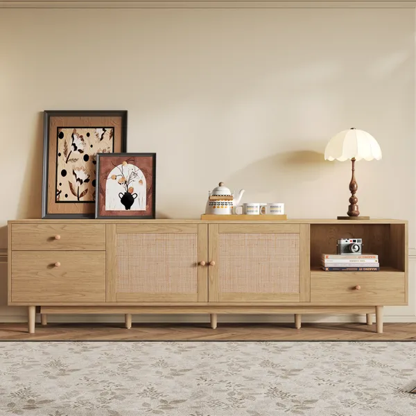 Boho TV Stand For 65, 75, 85 Inch TV, Entertainment Center With Open Storage And Drawers, Modern Wood Media TV Console With Real Rattan_maomaolike.com