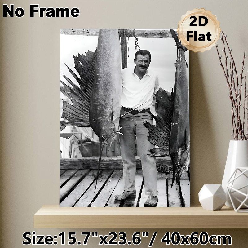 Big Game Fishing Painting Poster, Vintage Monochrome Man With Large Sailfishes On Dock Poster, Nostalgic Nautical Decor Suitable For Home Office_maomaolike.com