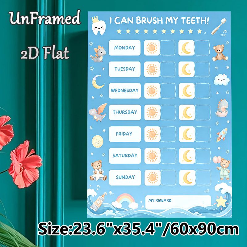 Tooth Brushing Reward Chart Painting Poster, Cute Watercolor Cartoon-style Poster, Daily Morning & Night Check-in Design To Develop Regular_maomaolike.com