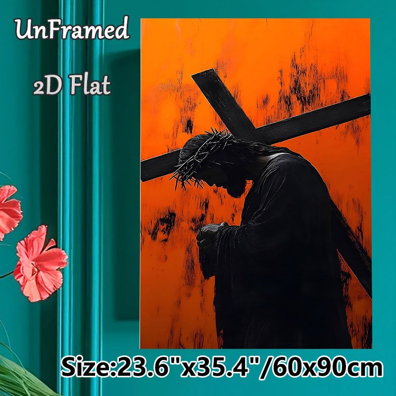 Jesus Carrying Cross Painting Poster, Dramatic Dark Silhouette With Vibrant Textured Orange Backdrop Poster, Meaningful Religious Spiritual Decor_maomaolike.com