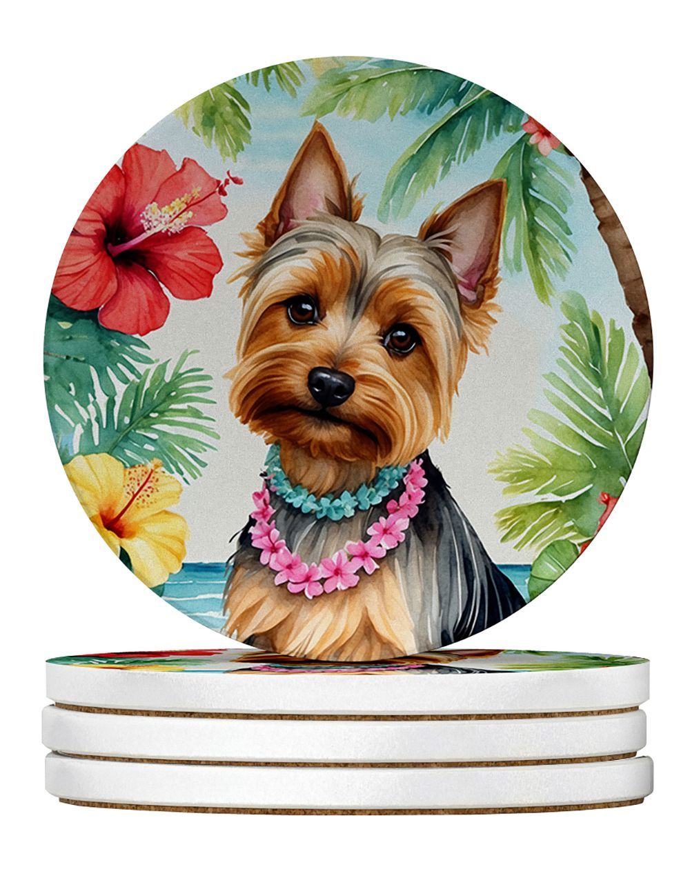 Silky Terrier Luau Large Sandstone Coasters Pack Of 4 Absorbent Round Coasters Decor Gifts For Men Or Women, 4 In, Multicolor_maomaolike.com
