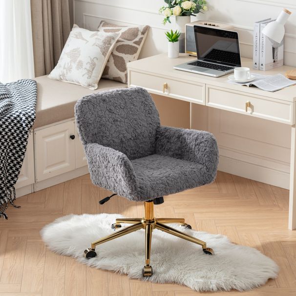 AA Furniture Office Chair,Artificial Rabbit Hair Home Office Chair With Golden Metal Base,Adjustable Desk Chair Swivel Office Chair,Vanity Chair Gray_maomaolike.com