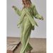 Women's Clothing long sleeved temperament commuter skin color linen solid color slit long shirt and wide leg pants set_maomaolike.com