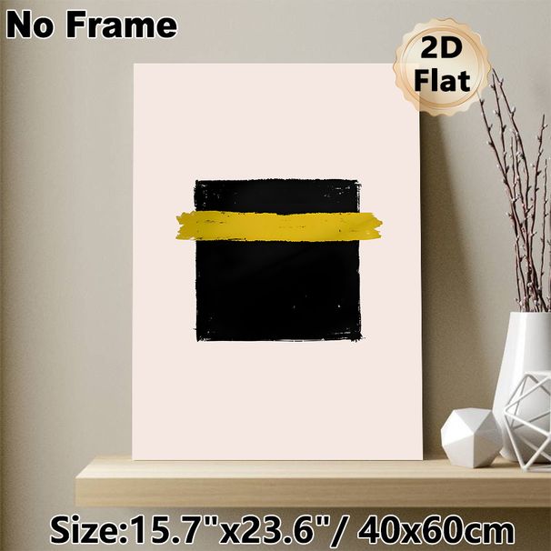 Minimalist Abstract Geometric Painting Poster, Bold Black Brushstroke Square With Yellow Stripe Poster, Sleek Modern Wall Decor Ideal For Living Room_maomaolike.com