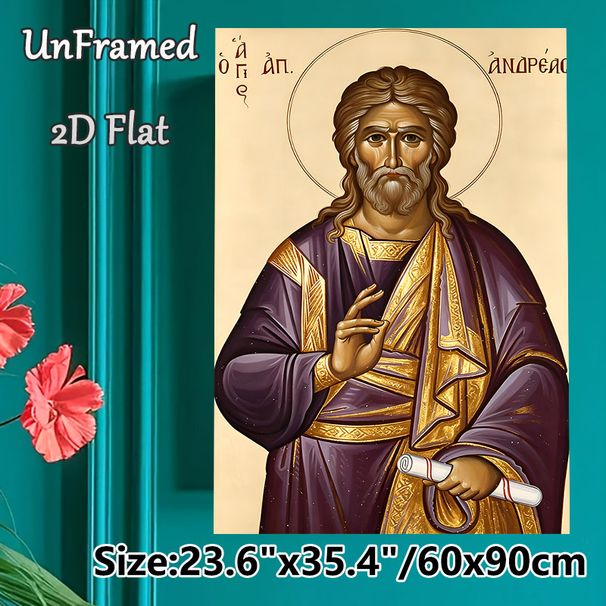 Saint Andrew Religious Icon Painting Poster, Traditional Orthodox Style Poster, Vintage-toned Depiction Of The Saint With Halo, Ornate Purple & Gold_maomaolike.com
