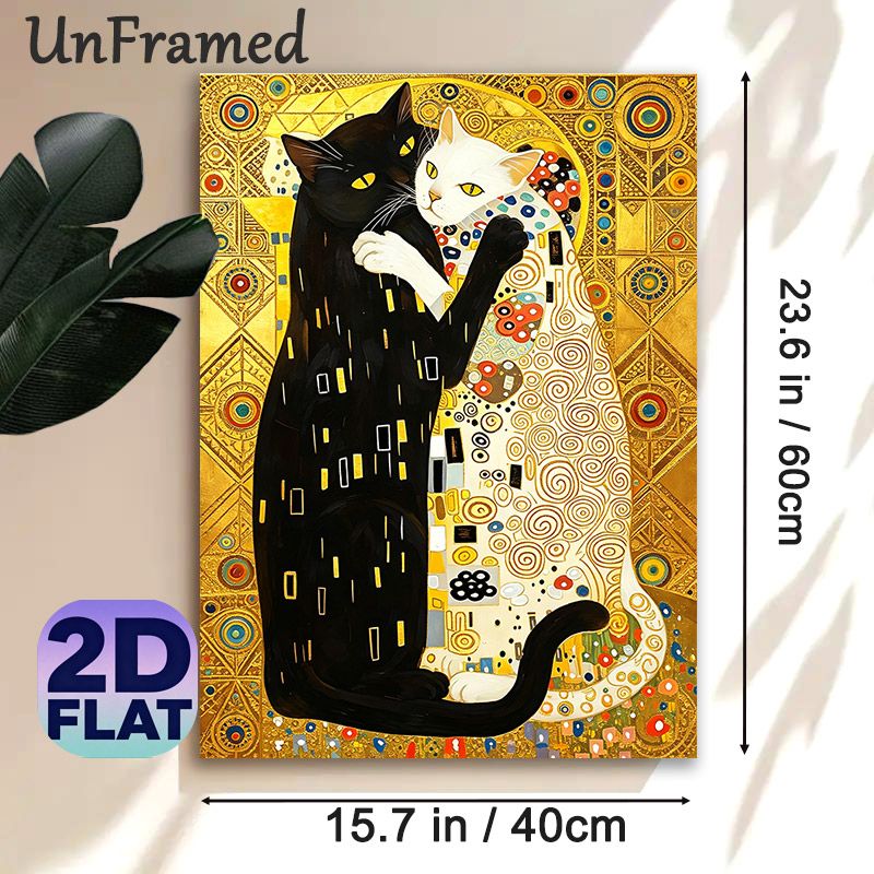 Embracing Black & White Cats Painting Poster, Gilded Ornate Art Style Poster, Vibrant Decorative Artwork Ideal For Living Room, Bedroom Wall Decor_maomaolike.com
