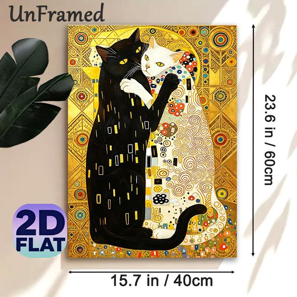 Embracing Black & White Cats Painting Poster, Gilded Ornate Art Style Poster, Vibrant Decorative Artwork Ideal For Living Room, Bedroom Wall Decor_maomaolike.com