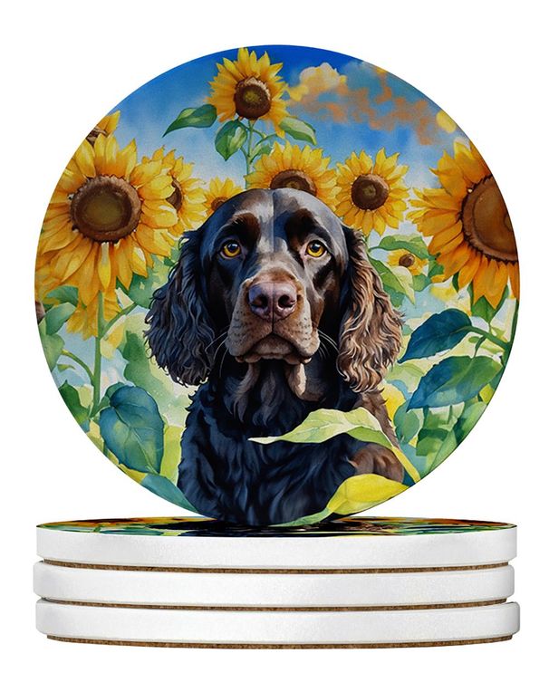 American Water Spaniel In Sunflowers Large Sandstone Coasters Pack Of 4 Absorbent Round Coasters Decor Gifts For Men Or Women, 4 In, Multicolor_maomaolike.com