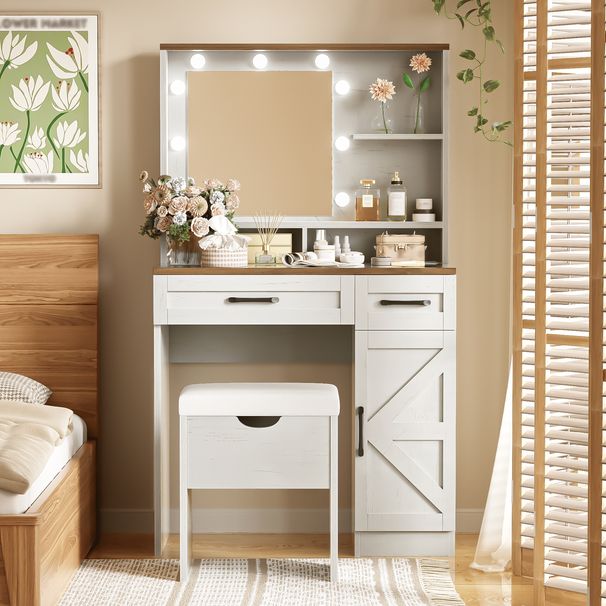 Farmhouse Makeup Vanity Desk With Mirror And Lights, 3 Lighting Modes, Vanity Set With Stool, Dressing Table With Adjustable Shelves,2 Drawers And Side Cabinet For Bedroom, White_maomaolike.com