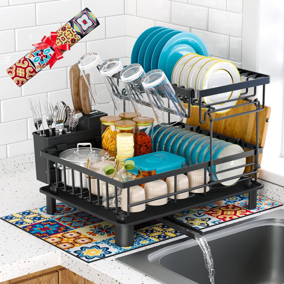 2 Tier Large Detachable Dish Drying Rack For Kitchen Counter,Black_maomaolike.com