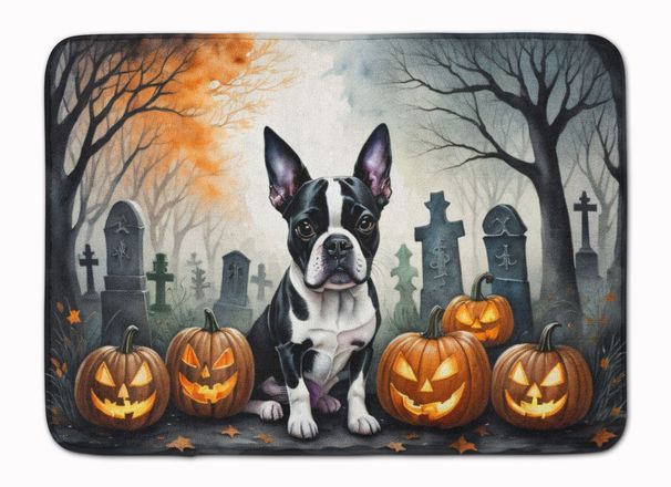 Boston Terrier Spooky Halloween Memory Foam Kitchen Mat Machine Washable Anti-Fatigue Mat Cushion Comfort Bath Mat Or Kitchen Rug_maomaolike.com