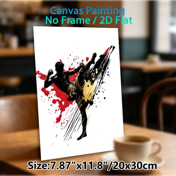 Muay Thai Themed Painting Poster, Dynamic Splash Ink Style Poster, Energetic Kicking Fighter Silhouette With Red & Gold Splatters, Ideal Decor For_maomaolike.com