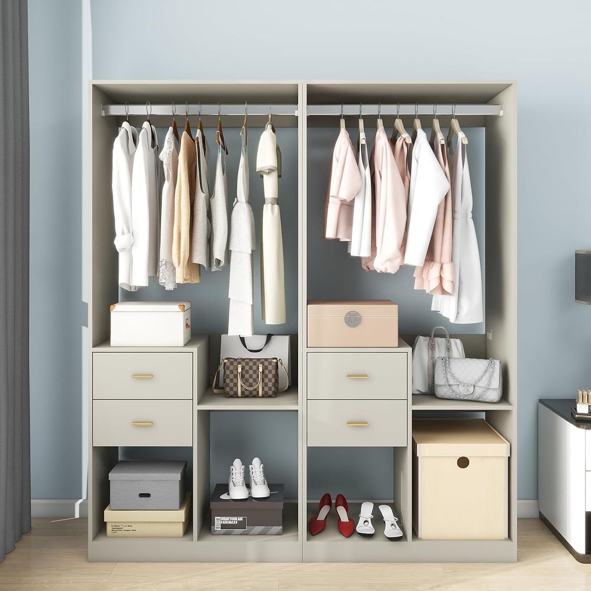 Wooden Closet System With 4 Drawers Storage Cabinet 2 Hanging Rails And Shelves Clothes Built-in Garment Rack Walk-in Closet Organizer For Bedroom White 63"W X 15.7"D X 70.8"H -- 2 Packages_maomaolike.com