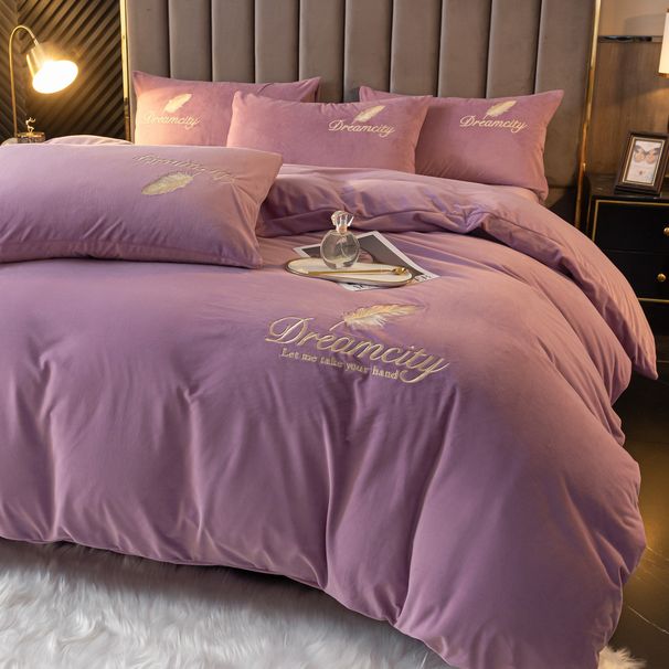 Crystal Velvet Solid Color Embroidery Light Feather Series Four-Piece Set_maomaolike.com