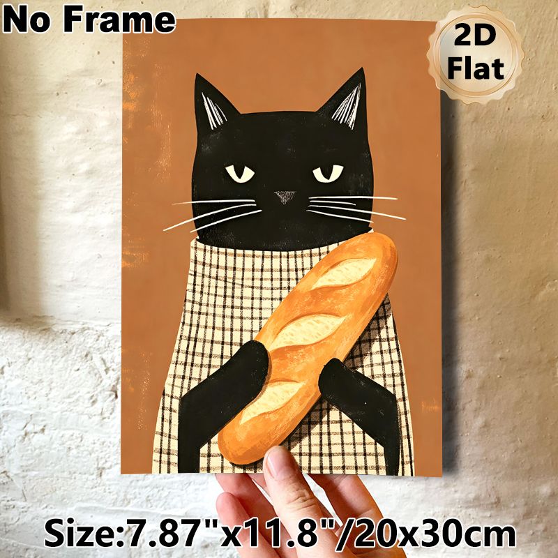 Black Cat With Baguette Painting Poster, Warm-toned Whimsical Illustration Poster, Delightful Cozy Decor Ideal For Kitchen, Dining Area_maomaolike.com