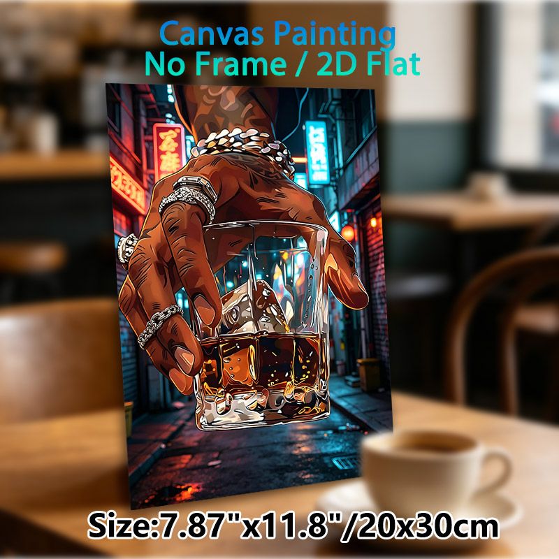 Whiskey Hand In Night City Painting Poster, Vibrant Cyberpunk-style Poster, Glowing Urban Alley Scene With Adorned Hand Holding Whiskey Glass_maomaolike.com