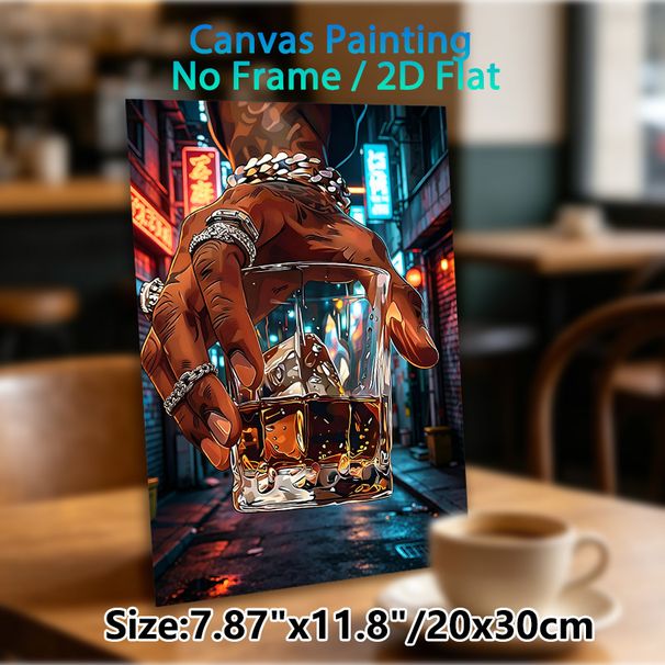 Whiskey Hand In Night City Painting Poster, Vibrant Cyberpunk-style Poster, Glowing Urban Alley Scene With Adorned Hand Holding Whiskey Glass_maomaolike.com