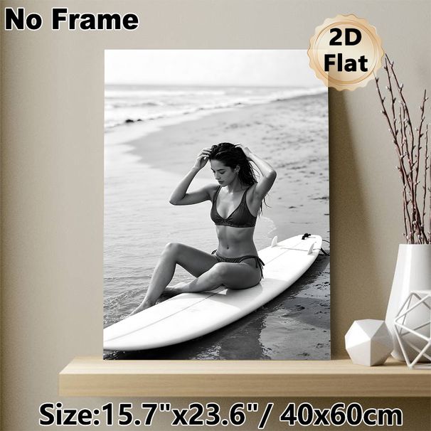 Surfer Girl Beach Painting Poster, Monochrome Minimalist Coastal Scene Poster, Tranquil Beach-inspired Decor, Suitable For Bedroom, Living Room And_maomaolike.com