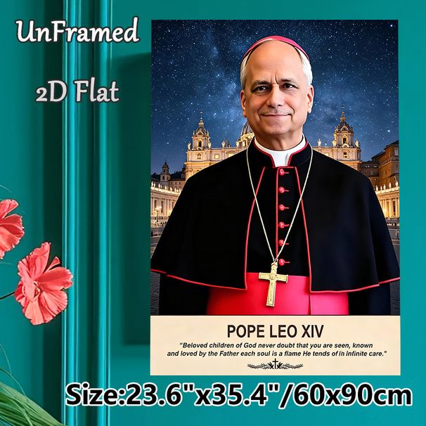 Pope Leo XIV Themed Painting Poster, Realistic Portrait With Starry Vatican Scene Poster, Inspirational Religious Quote Decor For Home, Prayer Space_maomaolike.com