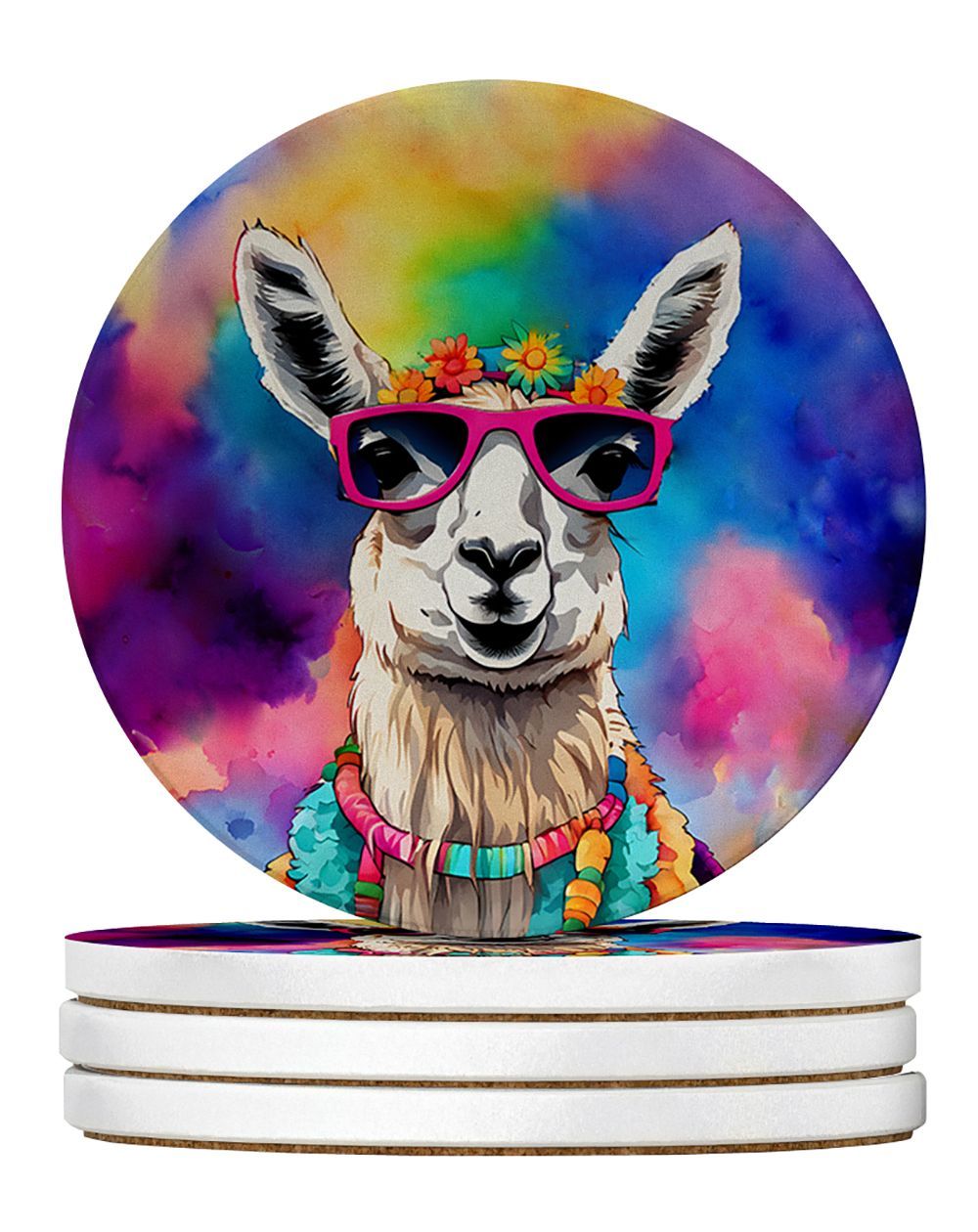 Hippie Animal Llama Large Sandstone Coasters Pack Of 4 Absorbent Round Coasters Decor Gifts For Men Or Women, 4 In, Multicolor_maomaolike.com