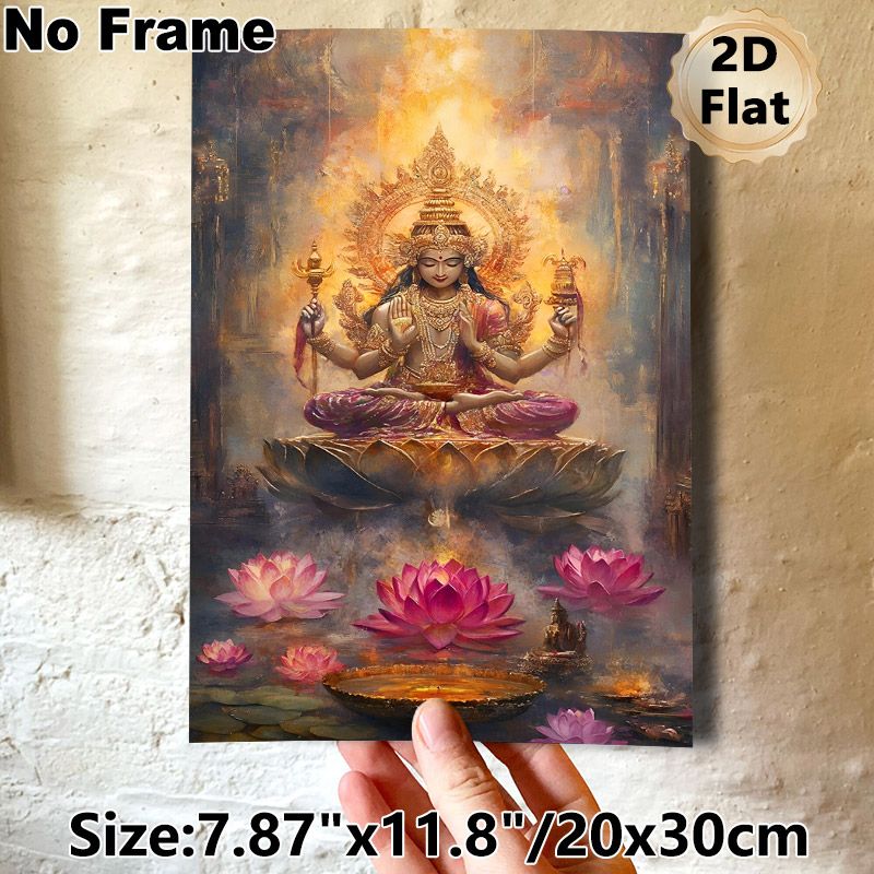 Vishnu Themed Painting Poster, Gilded Serene Oil Painting Style Poster, Four-armed Deity On Lotus With Warm Glowing Aura And Pink Lotus Blooms, Brings_maomaolike.com