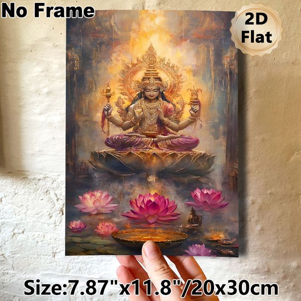 Vishnu Themed Painting Poster, Gilded Serene Oil Painting Style Poster, Four-armed Deity On Lotus With Warm Glowing Aura And Pink Lotus Blooms, Brings_maomaolike.com