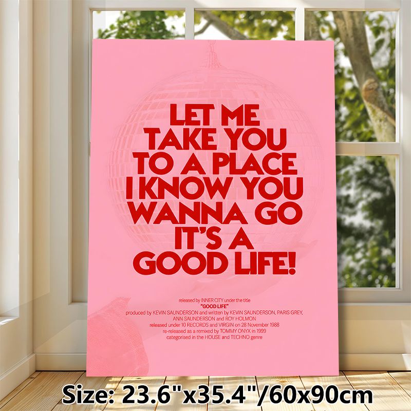 "Good Life" Disco Lyric Painting Poster, Vibrant Pink Typographic Disco Ball Poster, Retro House Techno Themed Decor Suitable For Home Studio, Living_maomaolike.com
