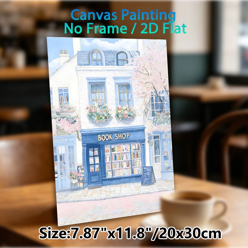 Book Shop Themed Painting Poster, Pastel Watercolor Charming Street-side Book Shop With Cherry Blossoms Poster, Warm Cozy Ambiance Perfect For Living_maomaolike.com