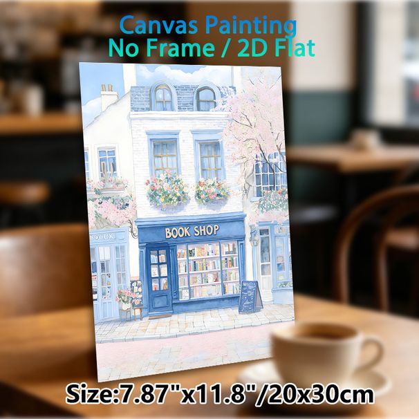 Book Shop Themed Painting Poster, Pastel Watercolor Charming Street-side Book Shop With Cherry Blossoms Poster, Warm Cozy Ambiance Perfect For Living_maomaolike.com