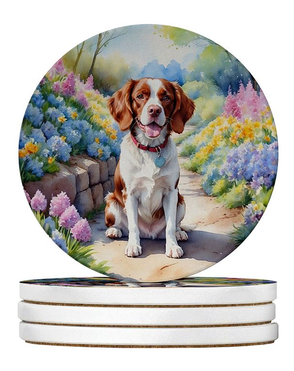 Brittany Spaniel Spring Path Large Sandstone Coasters Pack Of 4 Absorbent Round Coasters Decor Gifts For Men Or Women, 4 In, Multicolor_maomaolike.com