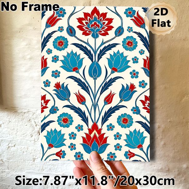 Oriental Floral Painting Poster, Vibrant Red & Blue Traditional Ornate Pattern Poster, Eye-catching Decorative Piece For Living Room, Bedroom And_maomaolike.com