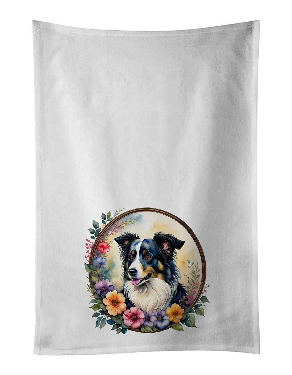 Border Collie And Flowers Kitchen Towel Set Of 2 White Dish Towels Decorative Bathroom Hand Towel For Hand, Face, Hair, Yoga, Tea, Dishcloth, 19 X 28", White_maomaolike.com