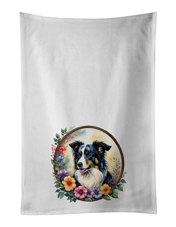 Border Collie And Flowers Kitchen Towel Set Of 2 White Dish Towels Decorative Bathroom Hand Towel For Hand, Face, Hair, Yoga, Tea, Dishcloth, 19 X 28", White_maomaolike.com