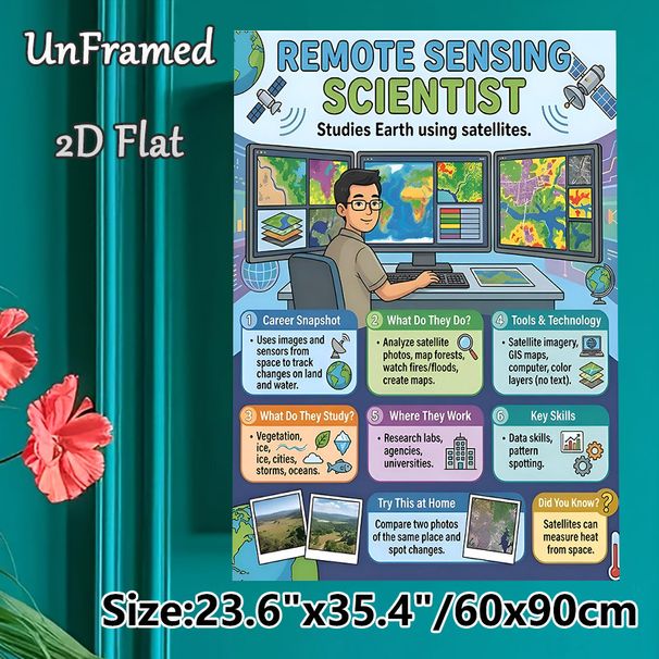 Remote Sensing Scientist Painting Poster, Vibrant Cartoon-style Educational Poster, Informative Career Guide With Earth Study & Satellite Details_maomaolike.com
