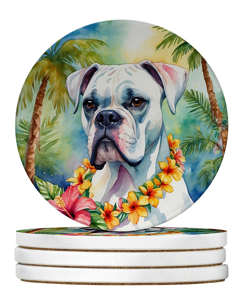 White Boxer Luau Large Sandstone Coasters Pack Of 4 Absorbent Round Coasters Decor Gifts For Men Or Women, 4 In, Multicolor_maomaolike.com
