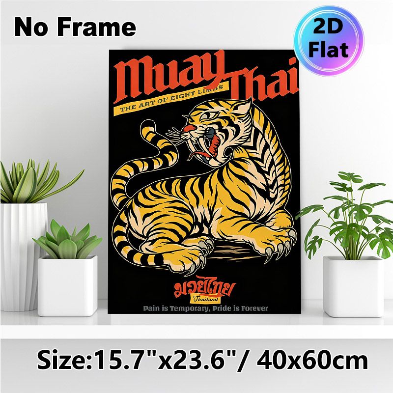 Muay Thai Tiger Painting Poster, Vibrant Retro Style Fierce Growling Tiger With Muay Thai Slogans Poster, Bold Martial Arts Themed Decor Ideal For_maomaolike.com