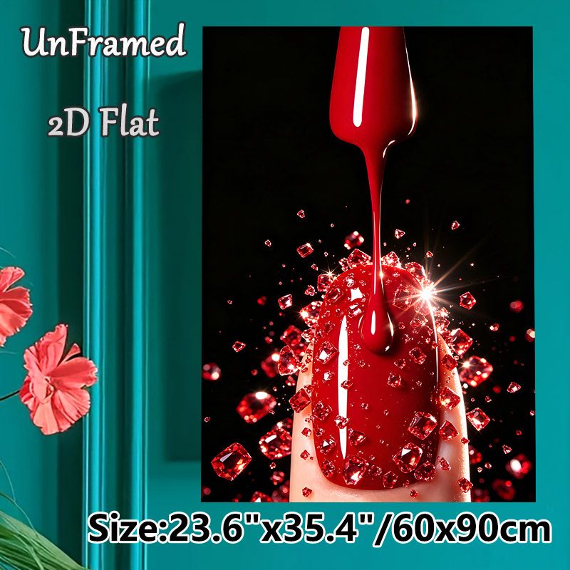 Red Nail Polish & Gem Painting Poster, Glamorous Sparkling Close-up Scene Poster, Eye-catching Glossy Design, Ideal For Beauty Salon, Bedroom Wall_maomaolike.com