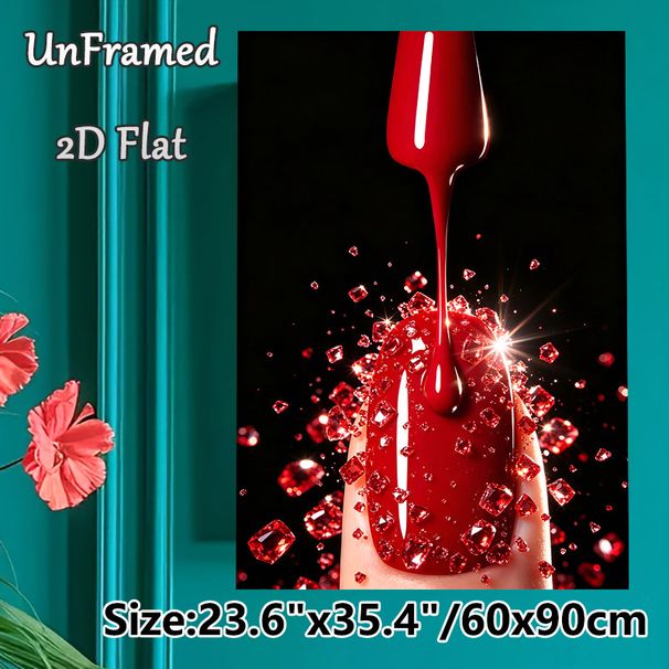 Red Nail Polish & Gem Painting Poster, Glamorous Sparkling Close-up Scene Poster, Eye-catching Glossy Design, Ideal For Beauty Salon, Bedroom Wall_maomaolike.com