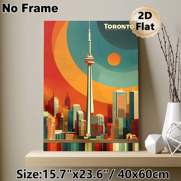 Toronto Cityscape Painting Poster, Retro Vibrant Color-blocked Urban Skyline Poster, Stylish Urban Wall Decor Suitable For Living Room, Office_maomaolike.com