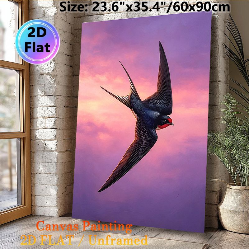 Swallow Themed Painting Poster, Realistic Detailed Swallow Flying In Vibrant Pink-Purple Sky Poster, Elegant Bird Artwork, Ideal For Living Room_maomaolike.com