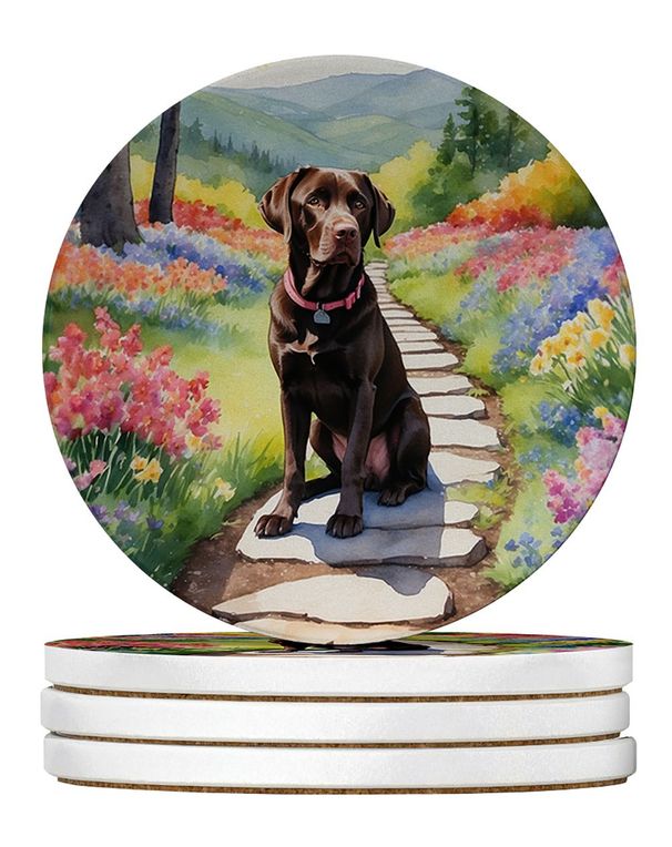 Labrador Retriever Spring Path Large Sandstone Coasters Pack Of 4 Absorbent Round Coasters Decor Gifts For Men Or Women, 4 In, Multicolor_maomaolike.com