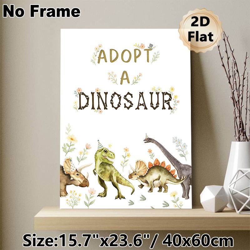 Adopt A Dinosaur Themed Painting Poster, Soft Watercolor Style Cute Party Dinosaurs With Floral Decor Poster, Charming Playful Design Ideal For Party_maomaolike.com