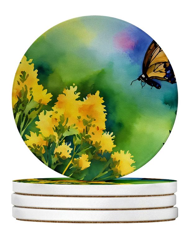 Kentucky Goldenrod In Watercolor Large Sandstone Coasters Pack Of 4 Absorbent Round Coasters Decor Gifts For Men Or Women, 4 In, Multicolor_maomaolike.com